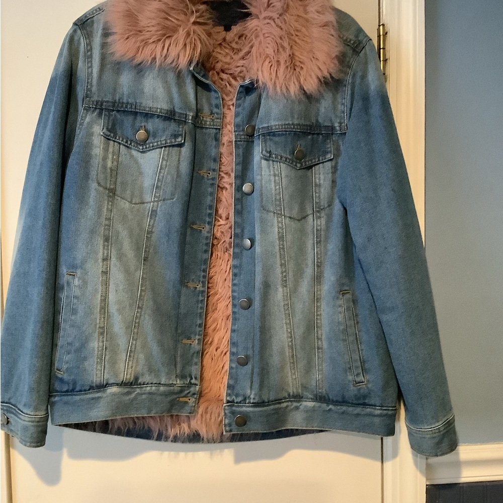 Denim Jacket with Pink Faux Fur Lining